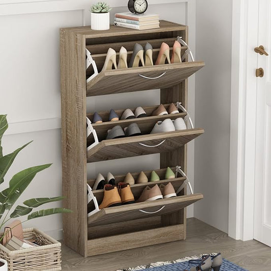Homsee Modern Shoe Storage Cabinet with 3 Flip Drawers & Twill Louver Doors, Wood 3-Tier Shoe Rack Storage Organizer for Entryway, Hallway & Bedroom, Brown (22.4”L x 9.4”W x 42.3”H)-NeatNest