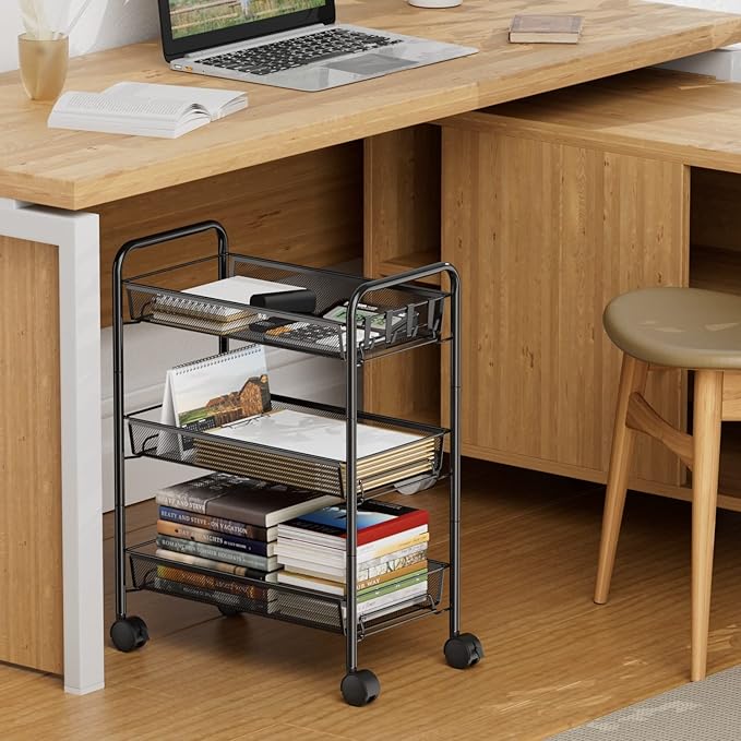OVICAR Mesh Wire 3 Tier Rolling Cart, Kitchen Storage Utility Cart, Multifunction Basket Stand for Bathroom, Full Metal Storage Art Trolley Carts with Wheels & 4 Side Hooks (Black)
