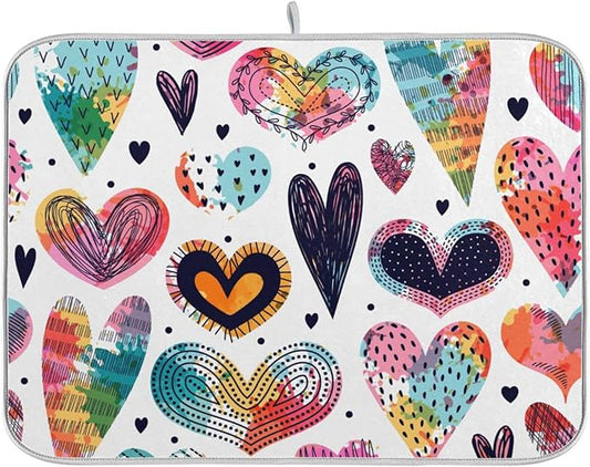 Absorbent Dish Drying Mat for Kitchen Counter - Cute Hearts Colorful Microfiber Drying Pad, Reversible Drainer Mats for Countertop, Small 16" x 18"