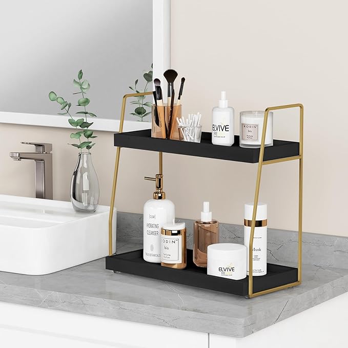 Forbena Black and Gold Bathroom Organizer Countertop, 2 Tier Counter Organizer for Bathroom Decor, Modern Sink Organizer Shelf for Vanity Storage, Organizer Tray for Makeup Bedroom