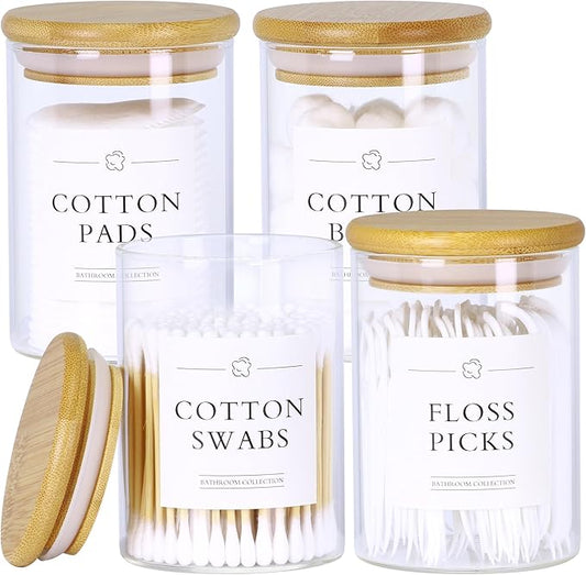 4 Pack Qtip Holder Dispenser - Glass Apothecary Jars with Lids, Cotton Ball Pad Swab Round Holder, Bamboo Bathroom Accessories, Bathroom Organizers Containers Jars Canisters with Lids-NeatNest