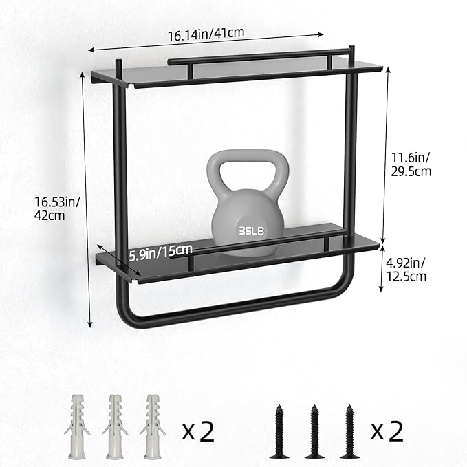 Floating Shelves, 2 Tier Wall Mounted Metal Floating Shelves Black with Frame and Towel Rack for Bathroom, Living Room, Bedroom, Kitchen