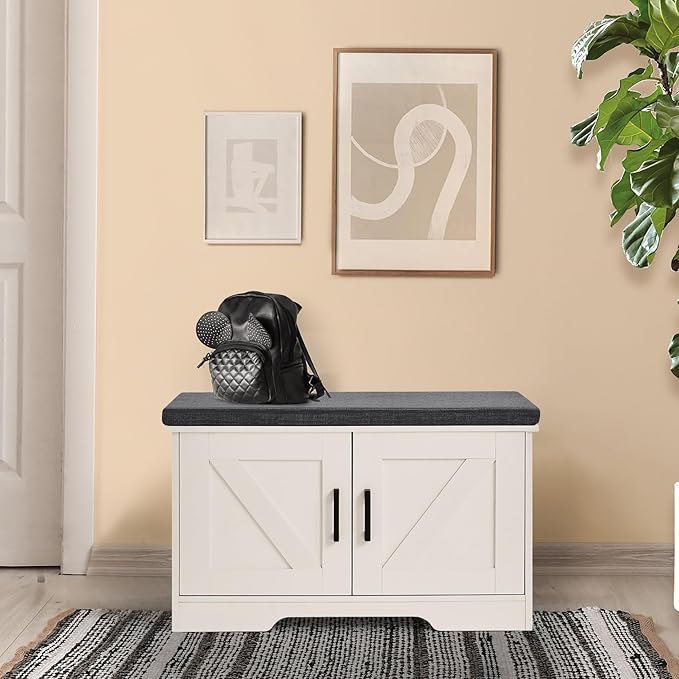 2-Tier Storage Bench, Shoe Bench with Padded Seat Cushion, Entryway Bench with 2 Barn Doors, Adjustable Shelf, 13.8" D x 27.6" W x 17.7" H, for Entryway, Living Room, Bedroom, White-NeatNest