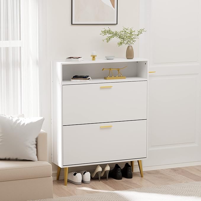 JOZZBY Shoe Cabinet for Entryway, White Narrow Shoe Storage Cabinet with 2 Flip Drawers, Freestanding Hidden Shoe Rack Storage with Open Shelves for Hallway, Living Room, Set of 2-NeatNest
