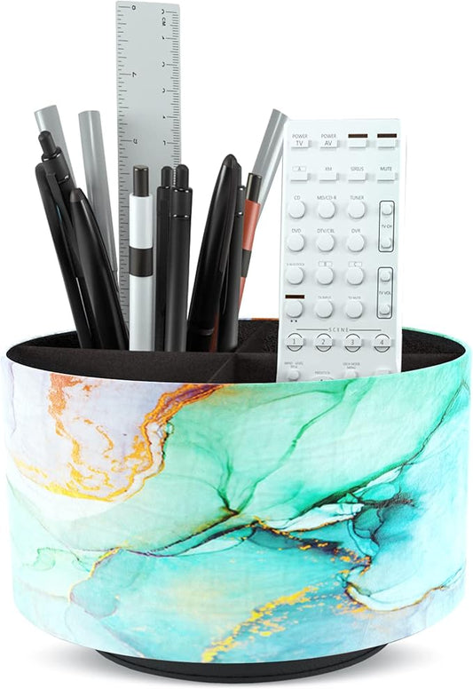 Hennaja Round Leather Art Supply Organizer,Remote Control Holder,360 Degree Rotating,Multi-Functional Pencil Holder,4 Compartments Desktop Stationary Organizer(1-Splash Ink)-NeatNest