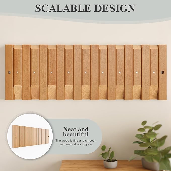 Coat Hooks, Wall Mounted Rack with 9 Retractable Hangers, Solid Wood Slim Holder for Entryway, 17in Natural Finish-1-NeatNest