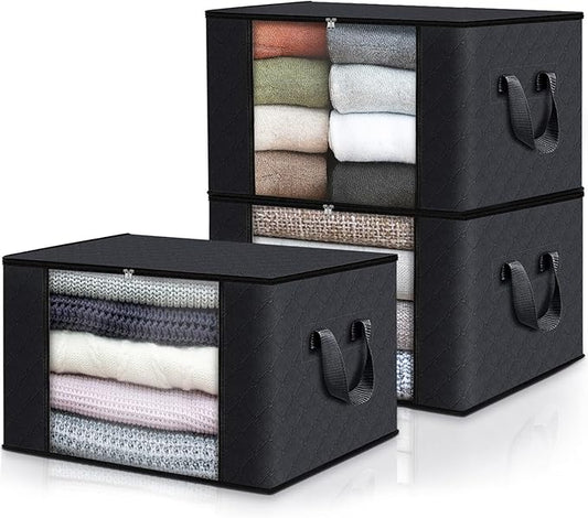 Fab totes 3 Pack Clothes Storage, Foldable Thick Fabric Blanket Storage Bags, Containers for Organizing Bedroom, Closet, Clothing, Comforter,Closet Organization with Handle,Black-NeatNest