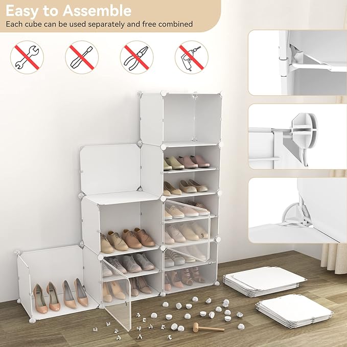 Portable Shoe Rack Organizer with Door, 48 Pairs Storage Cabinet Easy Assembly, Plastic Adjustable Stackable Detachable Free Standing DIY Expandable 8 Tier White, (NNF-XJ-012)-NeatNest