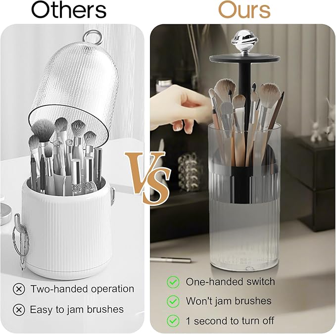 Makeup Brush Holder [Upgrade] with One Touch Open,Makeup Organizer Countertop with Dustproof Lid,Clear Makeup Organizers for Vanity, Desktop, Bathroom (Black)-NeatNest