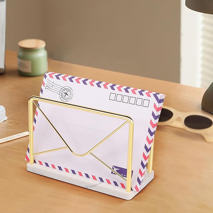 Modern Mail Holder for Home Office, Metal Letter Organizer Sorter for Desk, Cutout Mail Envelope Design, Bill Filling Paper Document Rack, Envelope Storage Rack with Marble Base