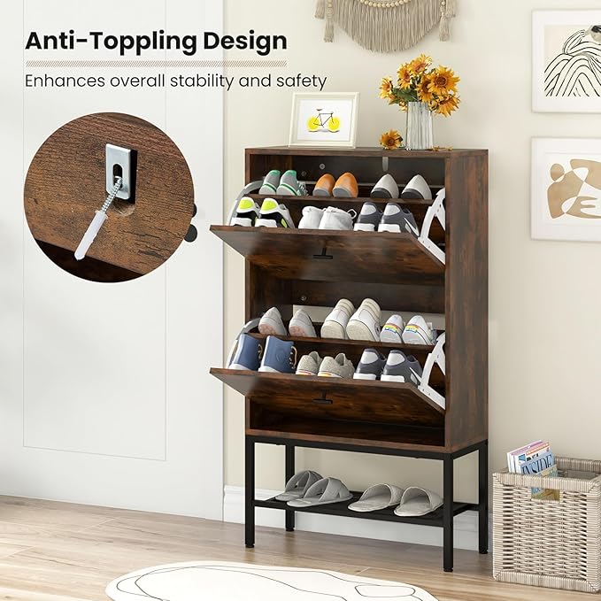 LOKO Industrial Shoe Storage Cabinet, Freestanding Shoe Organizer with 2 Flip Drawers, Adjustable & Removable Interior Shelves, Narrow Shoe Rack Cabinet for Entryway, Hallway, Rustic Brown-NeatNest