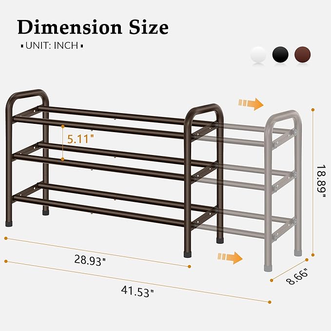 3 Tier Shoe Organizer, Shoe Rack for Closet, 28“ Metal Shelf Can Expandable to 42“, for Bedroom, Entryway, Closet, Garage, Adjustable to 18 Pairs Shoes, Brown-NeatNest