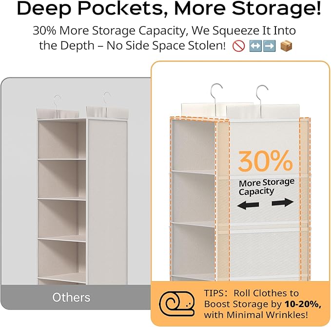 Extra Deep Hanging Closet Organizer with Shelves and Oversized Mesh Pockets, Heavy-Duty Structure, No Deformation, Max Storage for Clothes, Shoes, Hats, Dorms and RVs,1-Pack (White, 6 Tier)-NeatNest