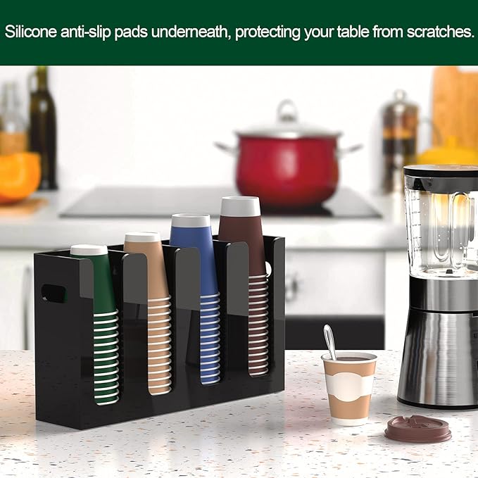 Disposable Coffee Cup Dispenser with Handles, Countertop or Wall Mount Hot/Cold Drink Cup and Lid Holder - Bathroom/Kitchen/Office Acrylic Cup Lid Storage Organizer (4 Compartments, Black)-NeatNest