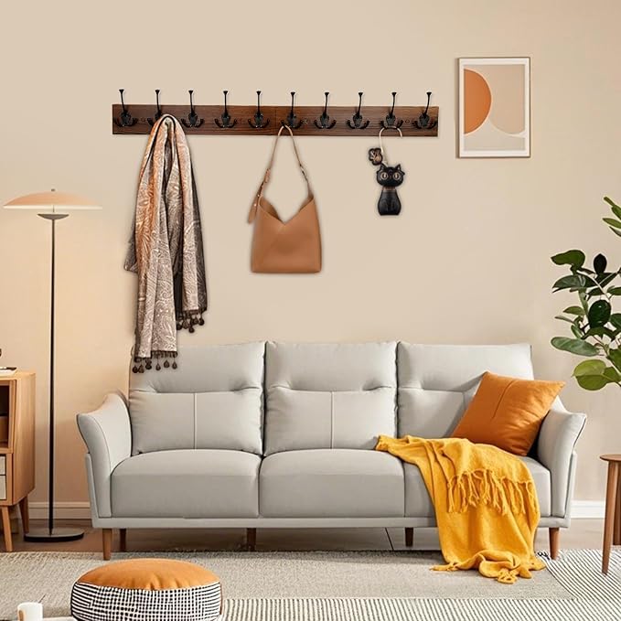 IBosins 34'' Coat Rack Wall Mount with 10 Decorative Tri-Hooks, Heavy Duty Wood Coat Hanger, Rustic Coat Hooks Rail for Entryway Living Room Coat Scarf Bag Towel Hat-NeatNest