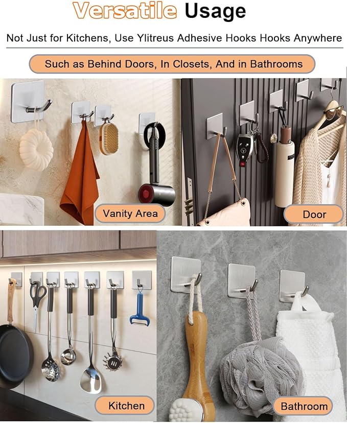 8 Pack Adhesive Wall Hooks, Self-Adhesive Hooks for Bathroom, Door Back Stick-On Towel Hooks, Hanging Coat Hat Key Washcloths Aprons Oven Mitts for Kitchen Shower Garage Home, Silver