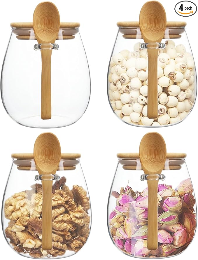 Clear glass storage containers, 38oz food storage jars, Set of 4, wide mouth, with spoons, for food storage, candy, coffee, biscuits, rice, sugar, tea, cereals, dried fruits, etc (Large 4PCS)-NeatNest