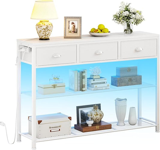 Furologee 38in Console Table with 3 Drawers, Small Sofa Table with Lights and Power Outlets, Hallway Tables with 3-Tier Shelves, White Narrow Console Table for Entryway, Living Room, Couch, Foyer-NeatNest