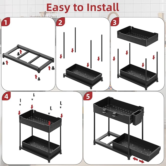4 Pack Under Sink Organizer, Bathroom Organizers and Storage, 2 Tier Multi-Use Pull Out Cabinet Organizer with Hang Hooks and Cups (Black, 4 Pack)-NeatNest