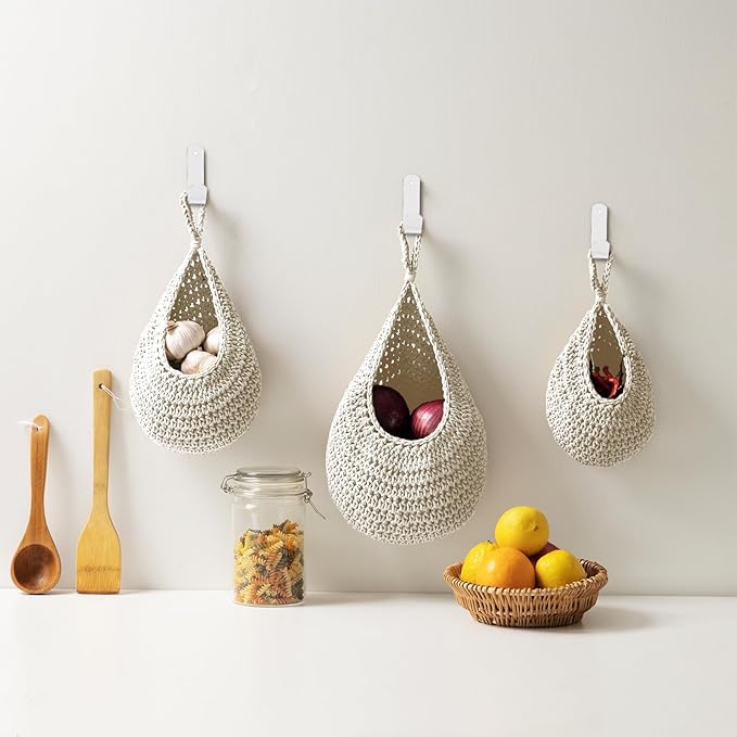 Hanging Fruit Basket Set of 3, Boho Wall Hanging Storage Basket for Organizing, Handmade Teardrop Hammock Holder for Fruit Vegetable in Home & Restaurant Kitchen with Hooks, White Cotton