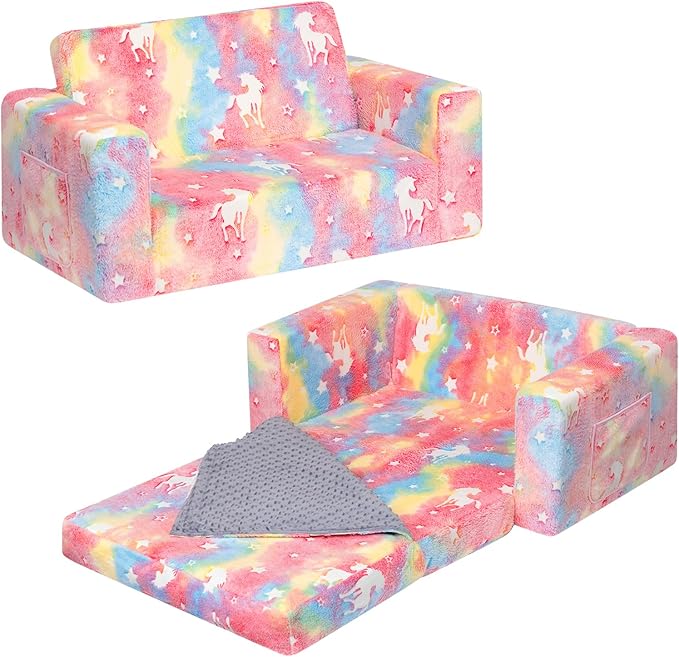 ALIMORDEN Fold Out Toddler Couch, Extra Wide Comfy 2-in-1 Cuddly Sherpa Sofa for Kids, with Removable Baby Friendly Blanket, Convertible Sofa to Bed, Unicorn-NeatNest