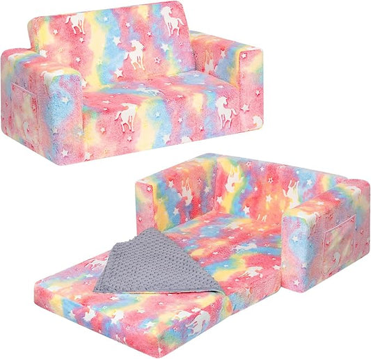 ALIMORDEN Fold Out Toddler Couch, Extra Wide Comfy 2-in-1 Cuddly Sherpa Sofa for Kids, with Removable Baby Friendly Blanket, Convertible Sofa to Bed, Unicorn-NeatNest