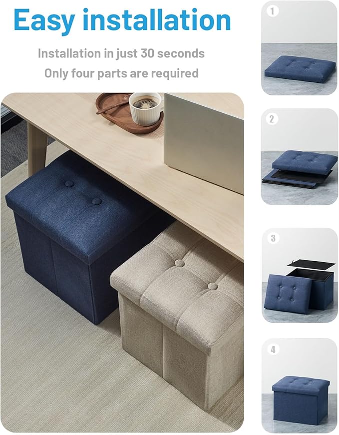 AmasSmile Storage Ottoman Folding Foot Rest Stool, 17 inch Linen Footstool Bench, Short Ottoman Bench, Storage Foot Rest Store, Books, Light Blue