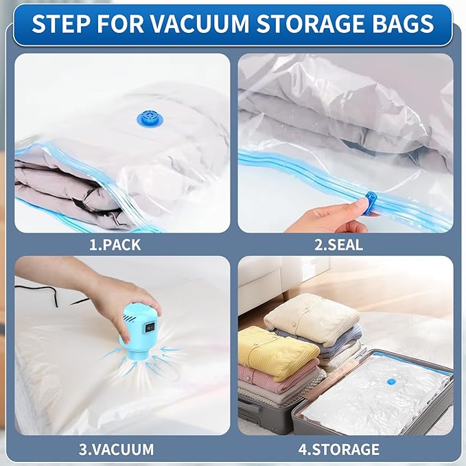 ZXA Vacuum Storage Bags with Electric Air Pump, 8 Pack (4 Large, 4 Jumbo) Vacuum Seal Bags for Clothing, Space Saver Vacuum Storage Bags for Blanket, Duvets, Pillows, Comforters - Blue-NeatNest
