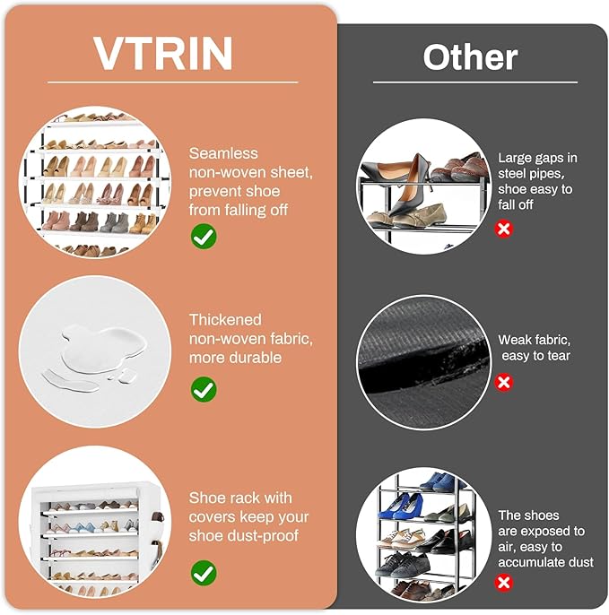 VTRIN Tall Shoe Rack with Cover, 10 Tier Shoe Organizer Storage for 50-55 Pairs Shoes and Boots Large Capacity Shoe Shelf with 8 Pockets Free Standing Shoe Rack for Closet, Entryway, Garage, White-NeatNest