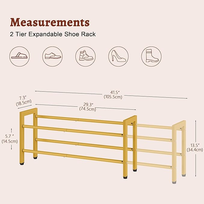 FAVOOSTY 2-Tier Expandable Shoe Rack, Adjustable Shoe Shelf Storage Organizer Space Saving Metal Free Standing Shoe Rack for Entryway Closet Doorway, Gold-NeatNest