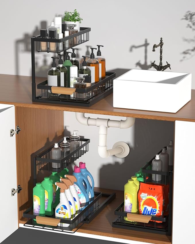2 Pack Under Sink Organizer,Metal Pull Out Kitchen Cabinet Organizer with Sliding Drawer,Sturdy Multi-Functional for Bathroom Kitchen Organization,Black-NeatNest
