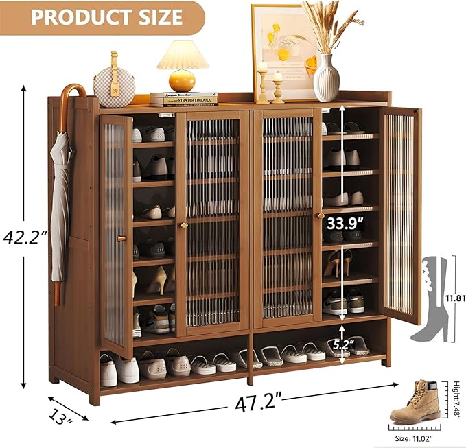 Bamboo Shoe Cabinet, 8-Tier Shoe Storage Cabinet with Doors, Freestanding Bamboo Shoe Rack Organizer with Shelves for Entryway, Hallway, Closet, Living Room (Brown-5)