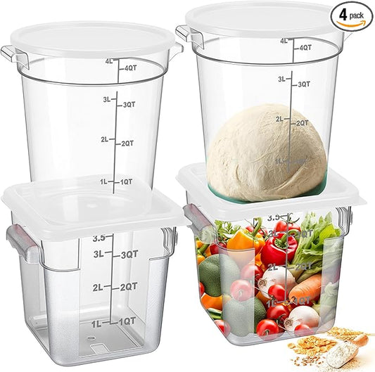 4 Pcs Food Storage Container with Lids Set 4 Qt Square and Round Clear PC Commercial Containers with Scale Handle for Home Restaurant Kitchen Food Storage, Dough Rise, Flour(White)