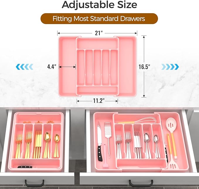 Extra Large Expandable Silverware Organizer, BPA-Free Food-Safe Cutlery Flatware Organizer, Kitchen Utensil Drawer Organizer, Adjustable Silverware Holder for Spoons Forks Knives, Pink-NeatNest