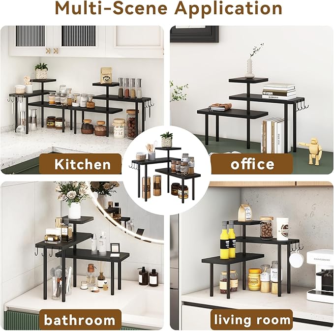 IBUYKE Countertop Organizer,3-Tier Spice Racks,Kitchen Counter Corner Shelf,4 Side Hooks,Adjustable Countertop Shelf for Kitchen, Bathroom, Coffee Bar, Cabinet, Desk,Black,TLJ023B-NeatNest