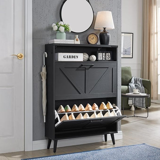 Shoe Storage Cabinet, Farmhouse Shoe Organizer with 2 Flip Drawers & Barn Door,Freestanding Hidden Slim Narrow Shoe Rack Cabinet with Open Storage for Entryway, Foyer, Black-NeatNest