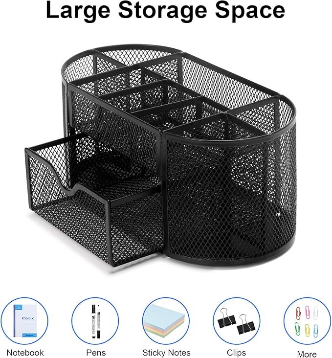 Comix Mesh Pen Pencil Holder Desk Organizer, 8 Compartment and 1 Drawer Wire Desktop Pen Pencil Cup Caddy Office Supplies Accessories for Home Office School, Black-NeatNest