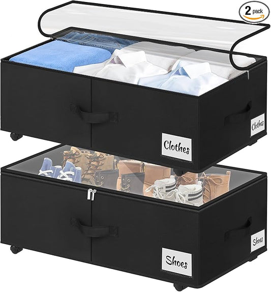 2 Pack Under Bed Storage with Wheels 10" Height, Rolling Storage Bins XXL 60L, Underbed Shoe Storage Containers with Label & Clear Lid, Dorm Under bed Drawers for Clothes, Shoes, Quick Assembly, Black-NeatNest
