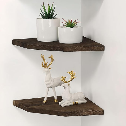 Joiishom Wood Corner Wall Shelves Set of 2, Solid Wood Corner Floating Shelves for Wall, Round End Wall Mounted Floating Corner Shelf for Bedroom, Living Room and Kitchen. (Brown-10 inch)