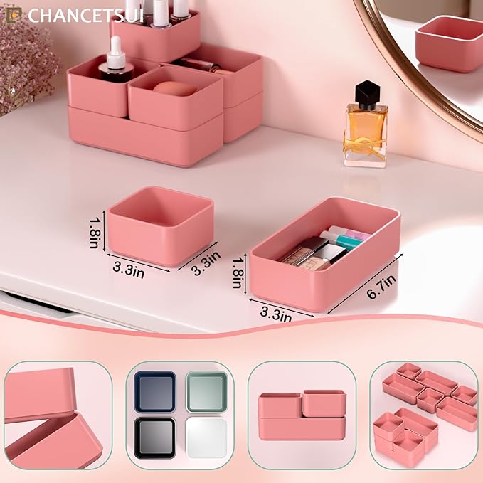 6 Pcs Stackable Drawer Organizer Set Desk Drawer Dividers, Bathroom Vanity Cosmetic Makeup Trays , Multipurpose Plastic Storage Bins for Jewelries, Kitchen Gadgets and Office Accessories, Rose-NeatNest