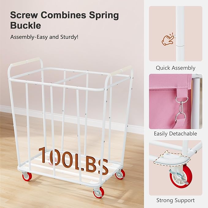 Hoctieon 2 Section Laundry Sorter Cart, 400L Rolling Hamper with Wheels, Industrial Laundry Basket Organizer, Extra Large Dirty Clothes Hamper for Home & Hotel, Heavy Duty, Pink+Beige-NeatNest