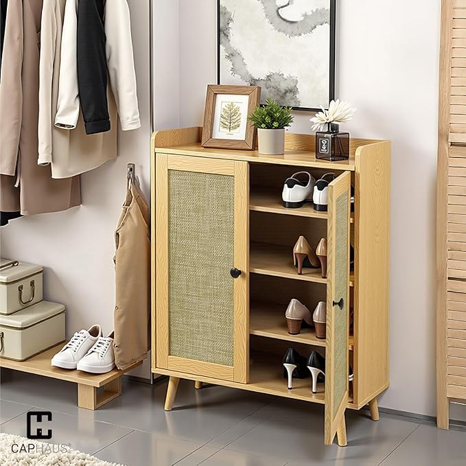 CAPHAUS 5 Tier Shoe Cabinet for Entryway, Modern Entryway Shoes Organizer w/Rattan Doors & Wooden Legs, Adjustable Shelves, Hidden Shoe Rack, Natural Oak