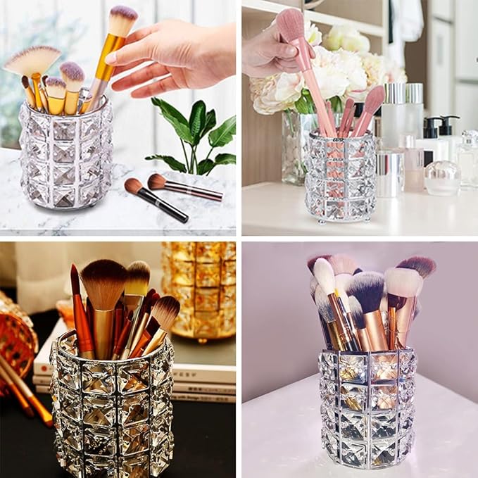 AKOAK 1 Pack Crystal Makeup Brush Holder Office Supplies Storage Rack Eyebrow Pencil/Lipstick/Pencil Makeup Container, Dressing Table, Bedroom, Office (Silver)-NeatNest