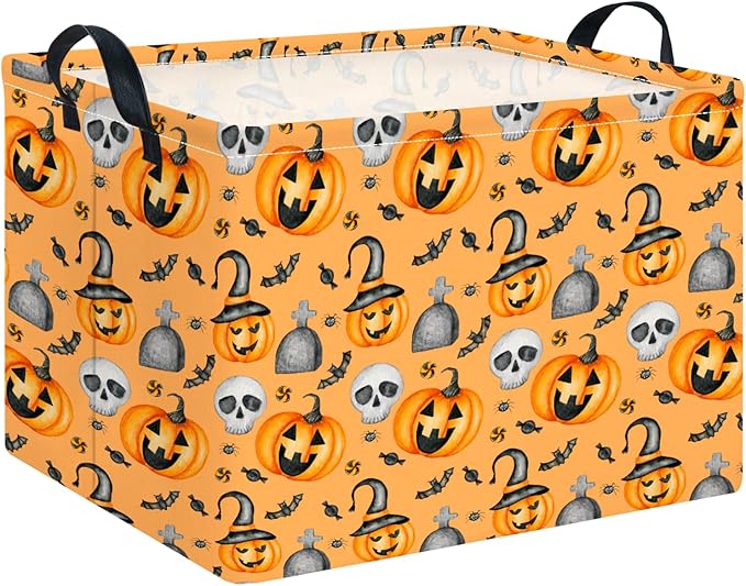 CLOCOR Rectangular Storage Basket Empty,Gift Basket for Halloween, Waterproof Storage Bin with Handles,Room Decor(Yellow Pumpkin)-NeatNest