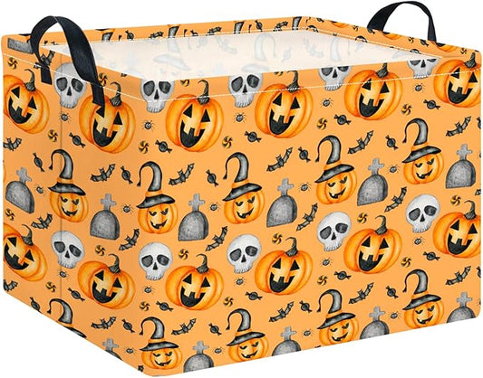 CLOCOR Rectangular Storage Basket Empty,Gift Basket for Halloween, Waterproof Storage Bin with Handles,Room Decor(Yellow Pumpkin)-NeatNest