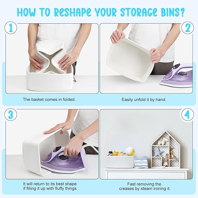 3-Pack Storage Baskets for Organizing | Woven Shelf Toy Basket | Rope Baskets for Gifts Empty | Closet Organizer Bins with Handles | Cube Decorative Box | 13.7×7.1×6.7” | White-NeatNest