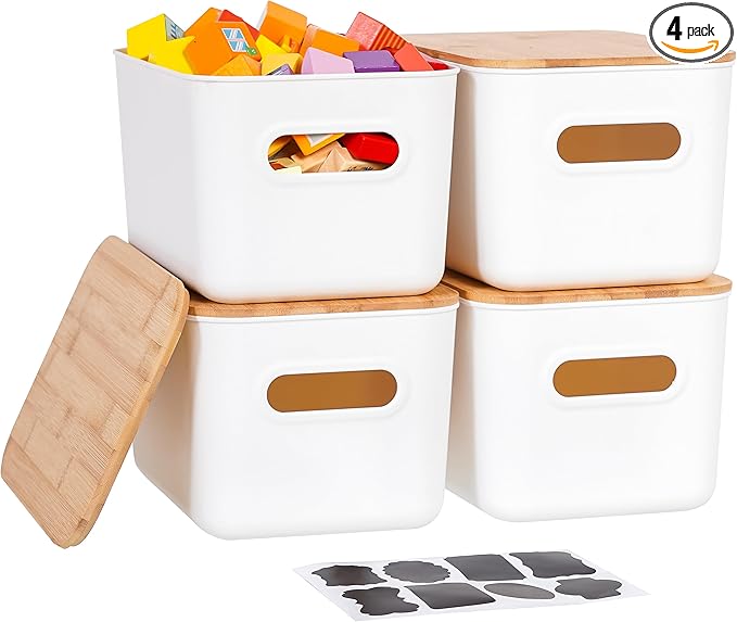 Citylife 4 PCS Storage Bins with Bamboo Lids Plastic Storage Containers for Organizing Stackable Storage Box with Handle, 10.23 x 7.08 x 6.3 inch-NeatNest