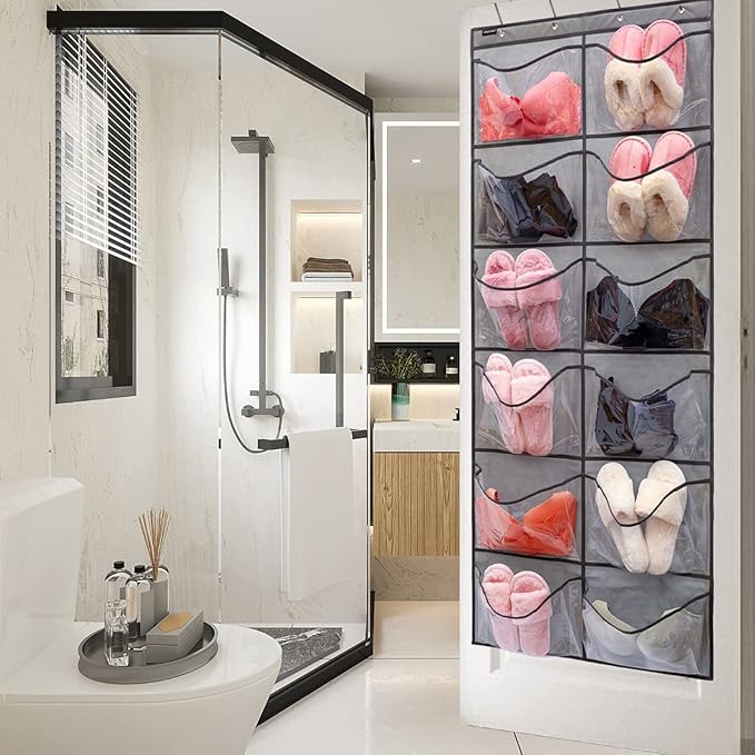 Extra Large Pockets Shoe Organizer Hanging Shoe Rack Organizer for Bedroom Shoe Storage Bathroom Shoe Holder with 12 Clear Pockets (12 Large Pockets-Grey)-NeatNest
