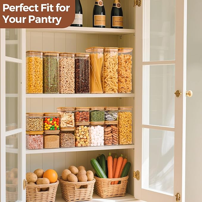 ComSaf Glass Storage Containers with Lids, 1.2 Qt Glass Jars with Lids, Clear Food Storage Jar, Canister For Pantry Cookie Flour Cereal Rice Sugar Tea Coffee Beans Spice, Square Set of 4-NeatNest