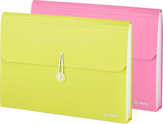 Accordian File Organizer, 7 Pocket Expanding File & Cover Folder with Labels, Plastic Portable Desktop Supplies Letter A4 Paper in Green and Pink (2 Pack) – by Enday
